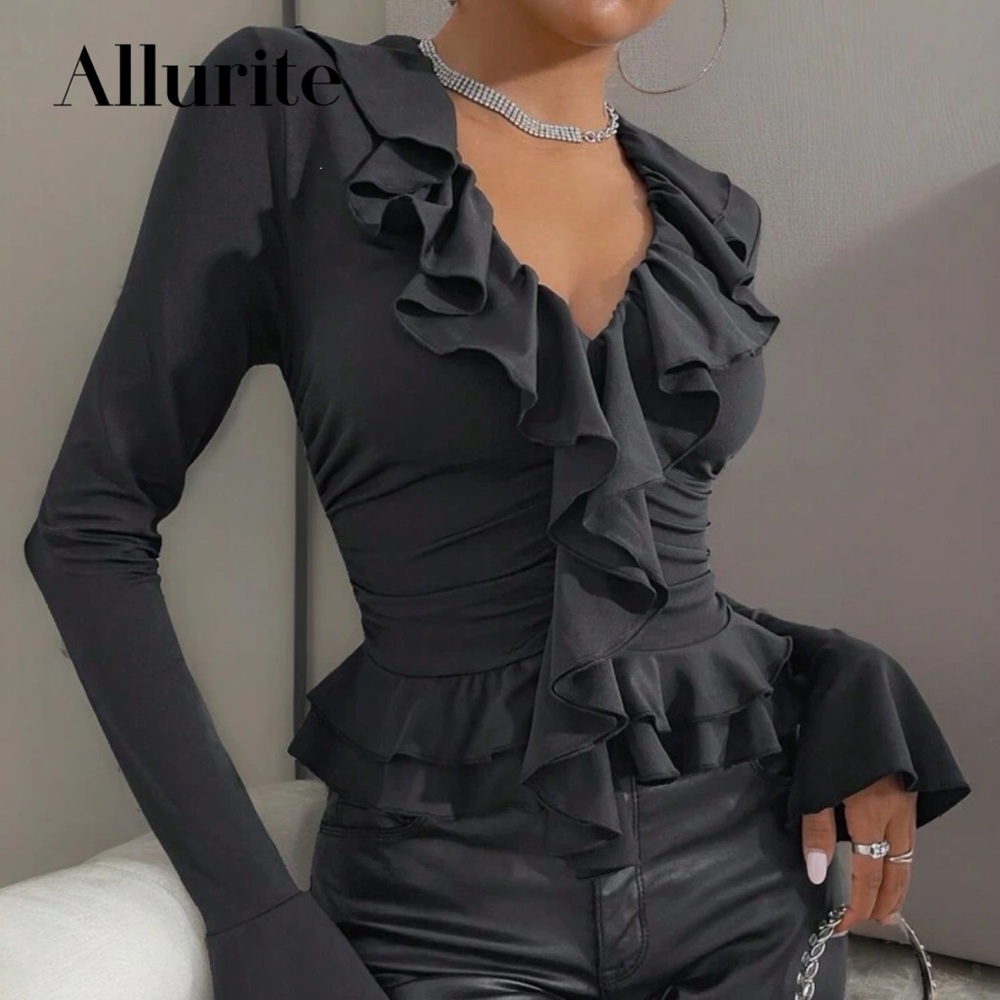SHEIN Black Ruffled V-Neck Long Sleeve Blouse